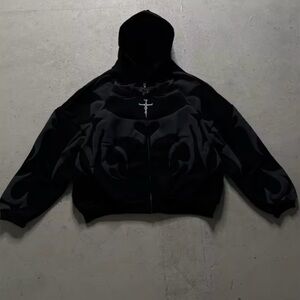 Black Hooded Jacket with Cross Detail